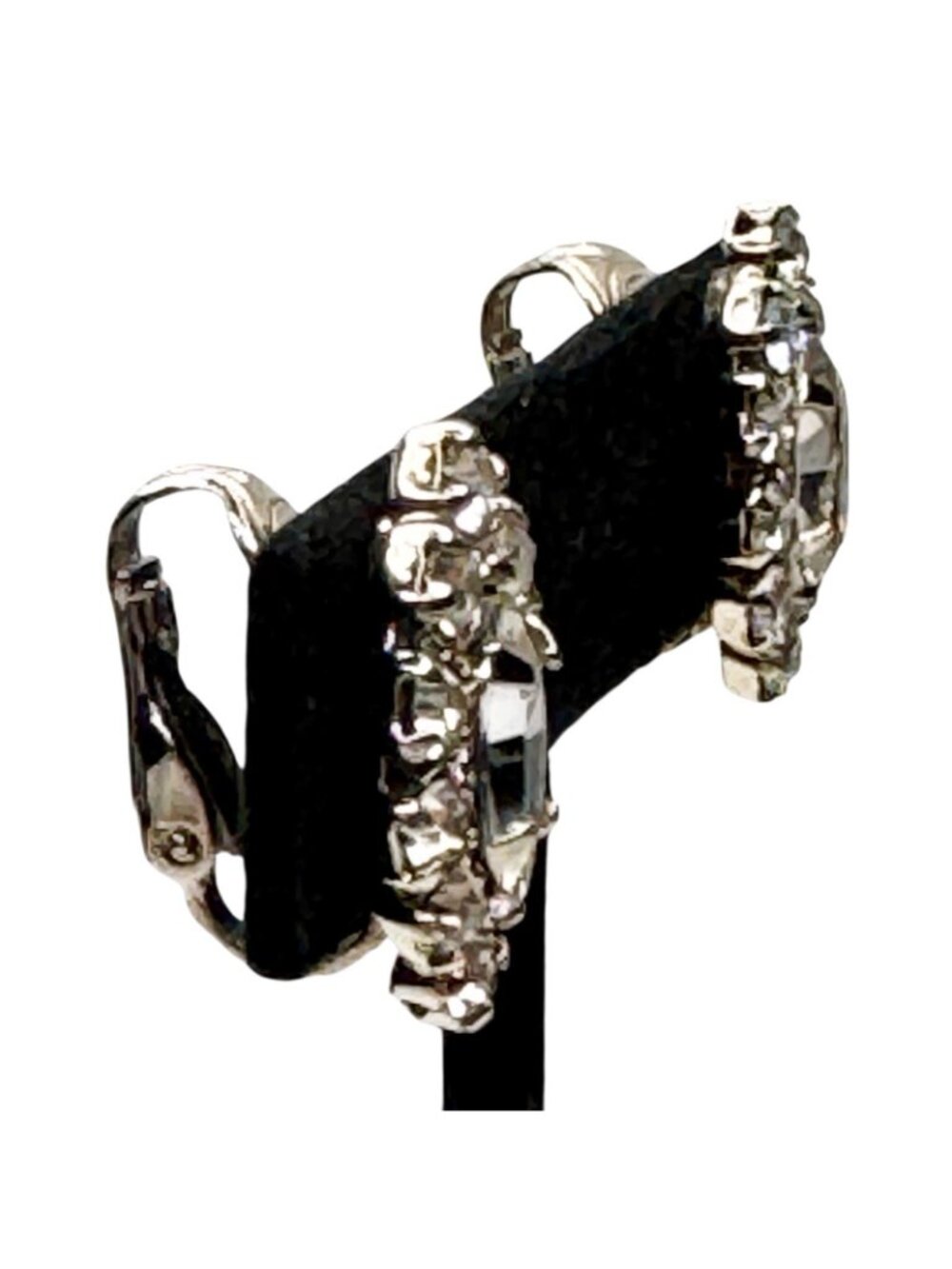 Marquise Cut Earrings Prong Set Rhinestones Clip On Silver Tone 3/4" Vintage - Picture 5 of 12